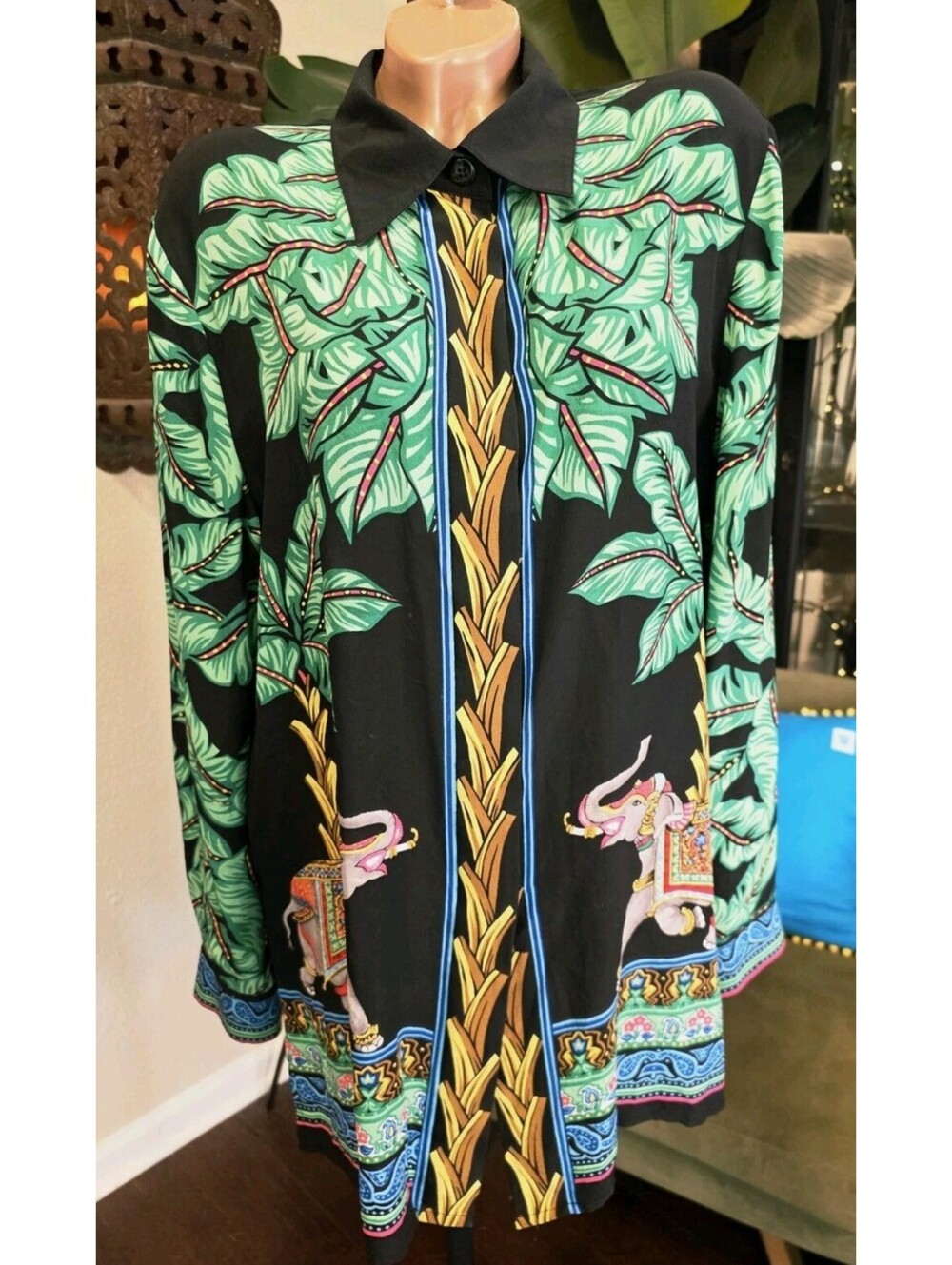 Diane Gilman 100% Silk Shirt 1X Black Elephant Tropical Palm Leaf Button Up EUC